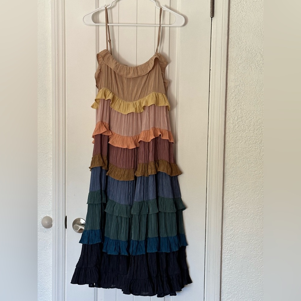 NWT Storia Autumn Tones Ruffle Tiered Midi Dress, M